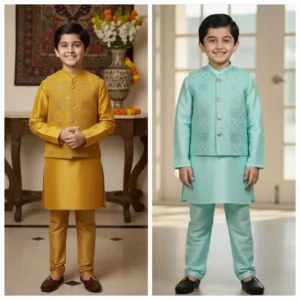 Raw Silk Kurta Pajama with Waistcoat – Boys Ethnic Wear (Sizes 14 to 30)