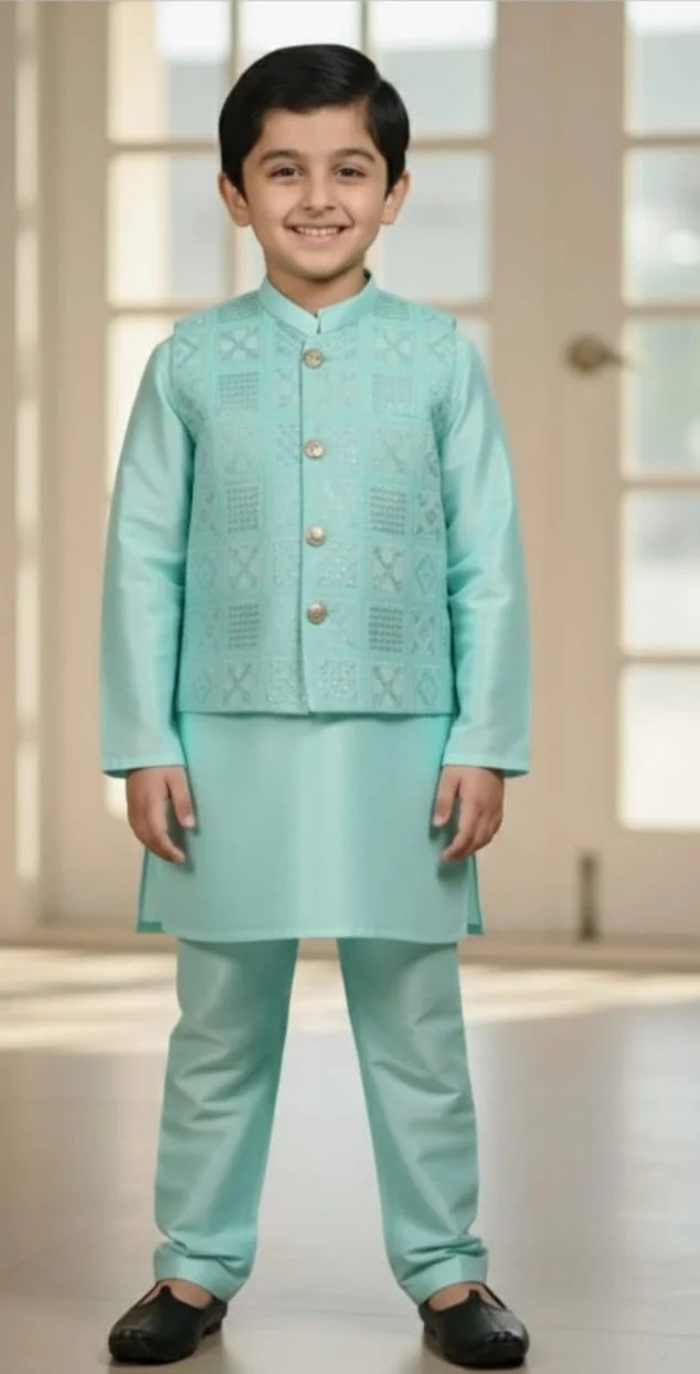 Raw Silk Kurta Pajama with Waistcoat – Boys Ethnic Wear (Sizes 14 to 30) - Image 4
