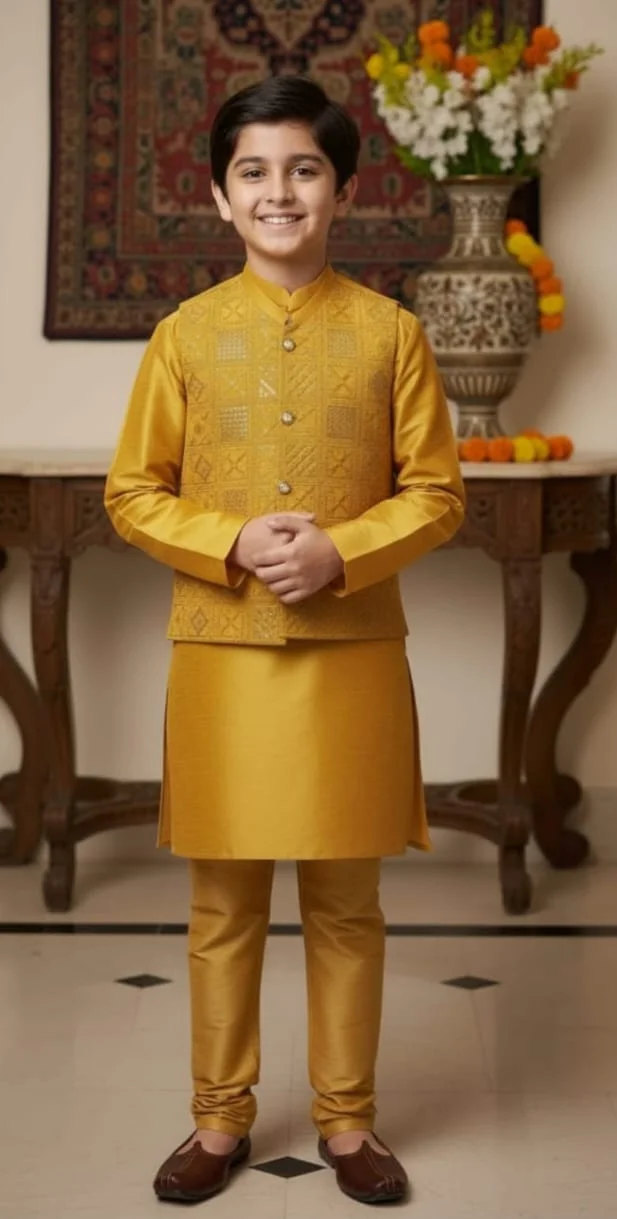 Raw Silk Kurta Pajama with Waistcoat – Boys Ethnic Wear (Sizes 14 to 30) - Image 2