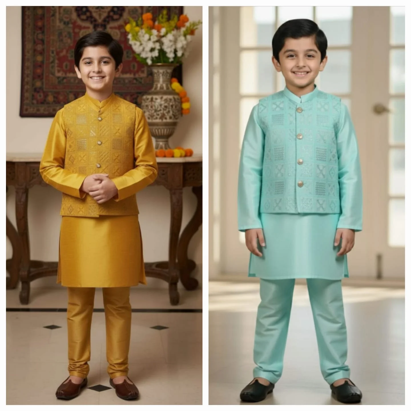 Raw Silk Kurta Pajama with Waistcoat – Boys Ethnic Wear (Sizes 14 to 30)